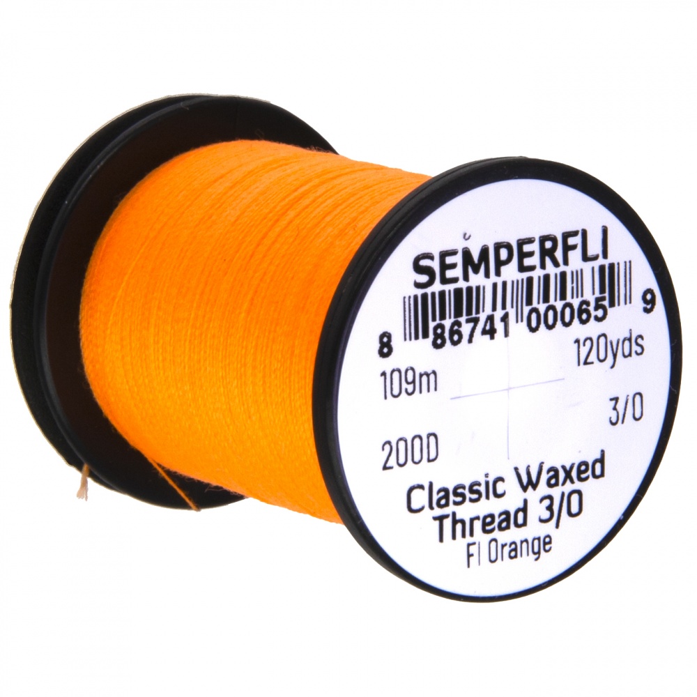 Semperfli Classic Waxed Thread 3/0 120 Yards Fluorescent Orange Fly Tying Threads (Product Length 120 Yds / 109m)